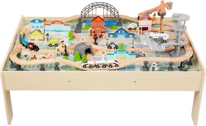 120-Piece Wooden Train Activity Table Set with Tracks & Storage