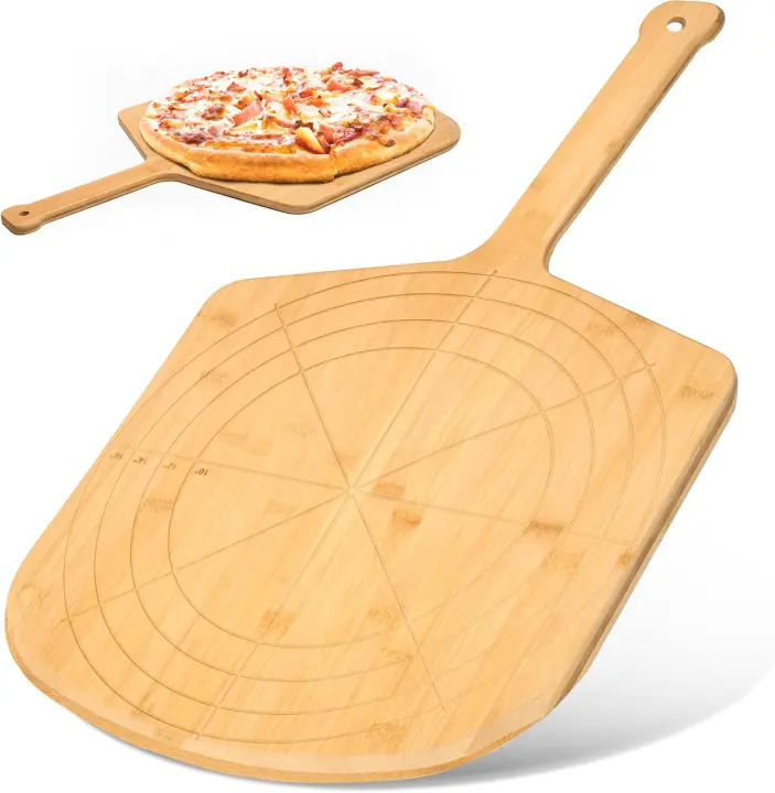 16-Inch Bamboo Pizza Peel & Serving Board with Engraved Guides