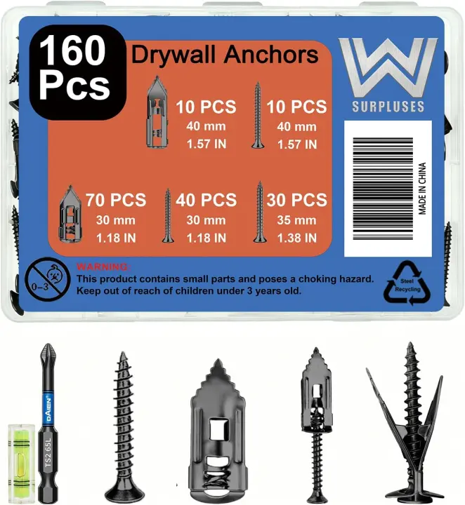 160-Piece Black Self-Drilling Drywall Anchor & Screw Kit — Metal Anchors