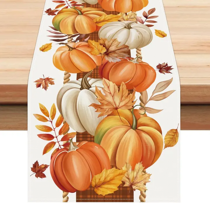 Autumn Pumpkin & Maple Leaves Table Runner — 13x72 in Faux Linen