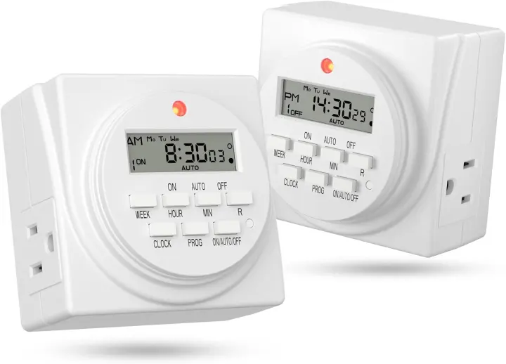Digital 7-Day Programmable Timer Outlet — 2-Pack, Dual 3-Prong Sockets
