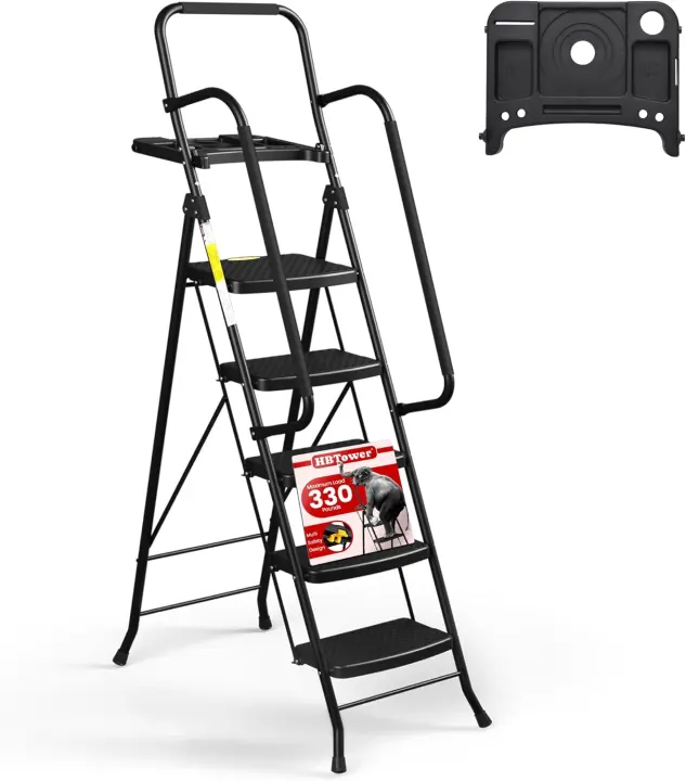 Folding Steel Step Ladder with Handrail — 5-Step Portable Stool