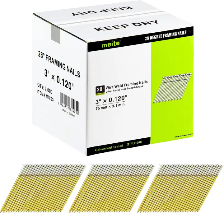 meite 28° Framing Nails — 3" x .120, Wire-Weld Collated, 2,000 pcs