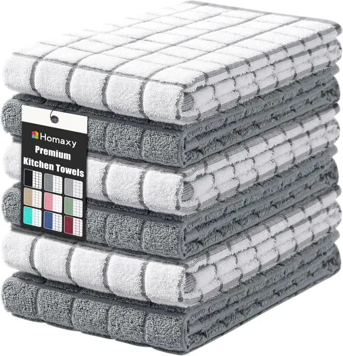 Premium Cotton Kitchen Towels 16" x 28" — 6-Pack, 390 GSM, Grey