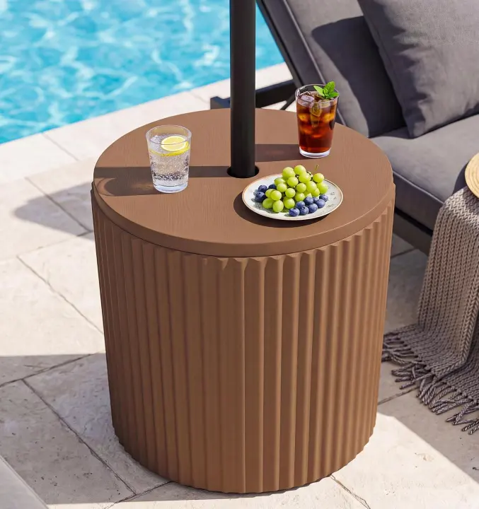Round Outdoor Umbrella Side Table — 3-in-1 Cooler, Storage & Table (Brown)