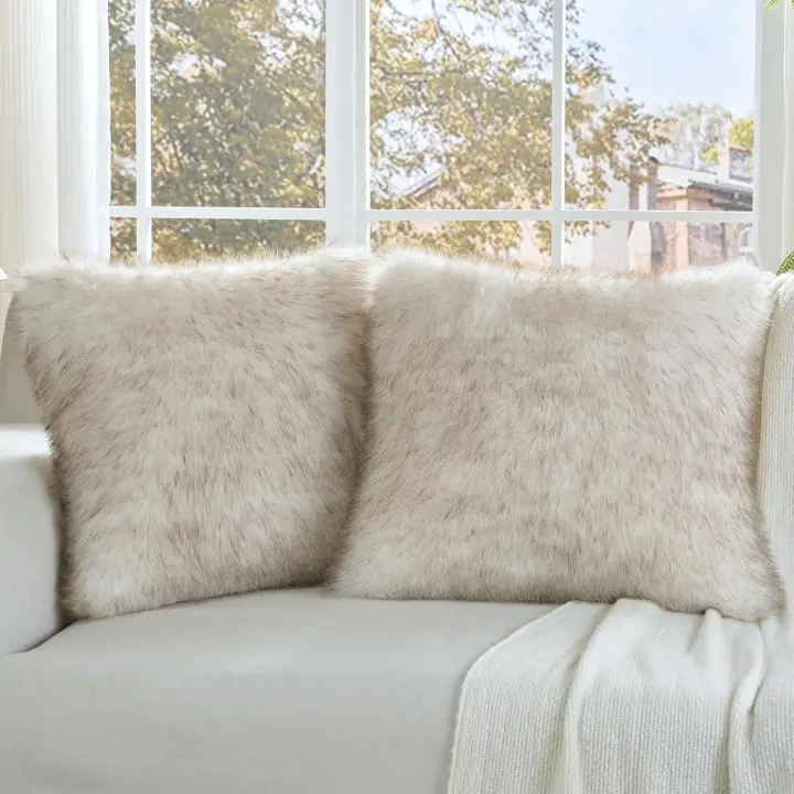 Set of 2 Faux Fox Fur Throw Pillow Covers — 18 x 18 in, Coffee White