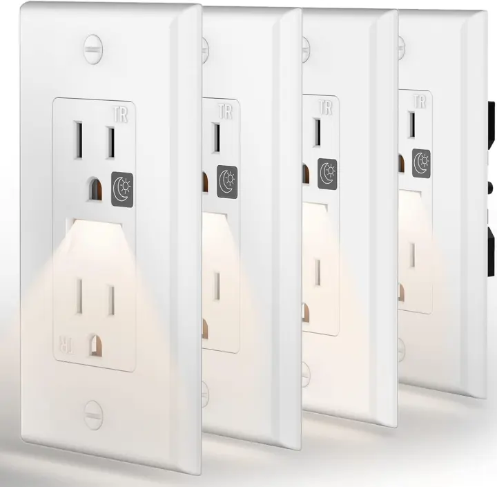 Tamper‑Resistant Duplex Outlet with Built‑In Night Light — 4-Pack