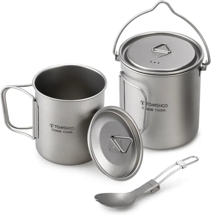 Titanium Backpacking Cook Set — 750ml Pot, 450ml Mug & Folding Spork