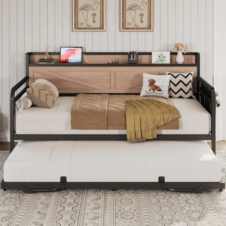 Twin Daybed with Pop-Up Trundle, Charging Ports & Storage Shelf