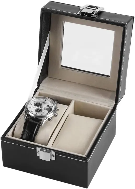 Two-Slot Watch Display Box with Glass Window — Leatherette Case