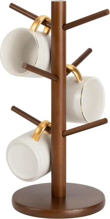 Wooden Mug Tree — 6-Hook Coffee Cup Holder (Brown)